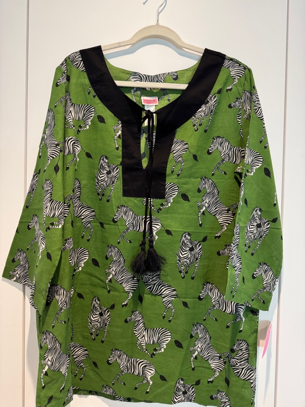 kate spade Green Zebra Print Tunic with Black Trim and Tassel Tie